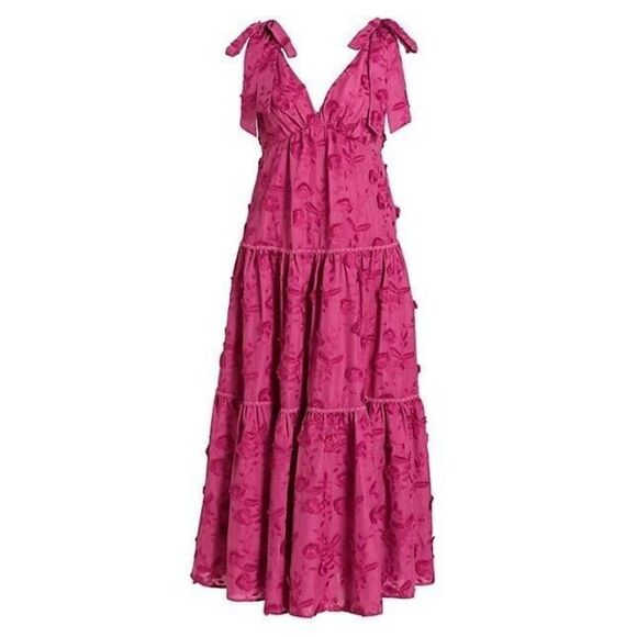NWT‎ MARCHESA NOTTE Pink Tie Strap Floral Maxi Dress Tiered Wedding Size 14 $545 - Picture 1 of 12